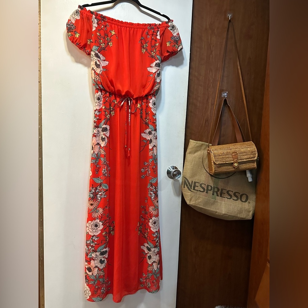 MAXI DRESS XS Bold RED‎ Long White Floral Short Puff Sleeves Elastic Waist Lined